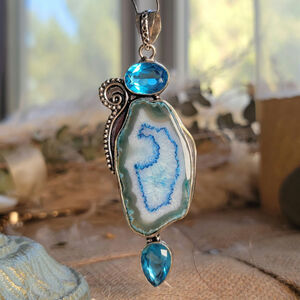 Enchanting Blue Agate Pendant, Sterling Silver Necklace With Sparkling Topaz